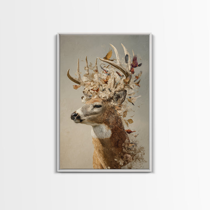 Deer with Antlers Full of Birds Framed Canvas Print, Whimsical Art, Living Room Decor, Fine Art, Wonder, Gallery Decor, WHI-2x3-75
