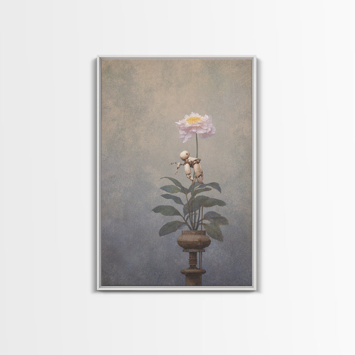 Robot Watering a Single Flower Canvas Print, Whimsical Art, Dark Academia Decor, Living Room Decor, Fine Art, Wonder, WHI-2x3-77