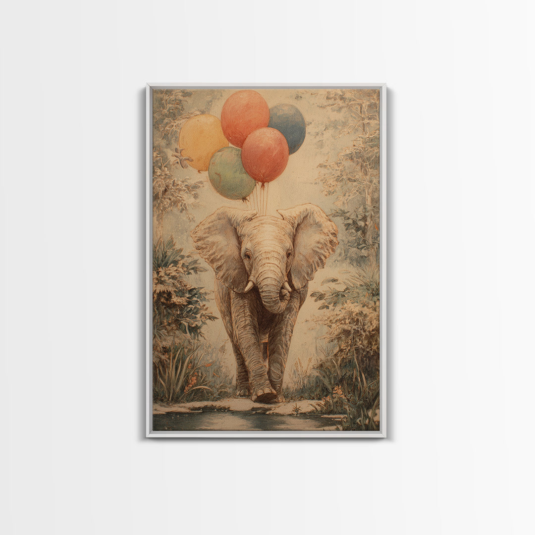 Elephant Holding Balloons Framed Canvas Print, Whimsical Art, Bird Art, Living Room Decor, Abstract Art, Wonder, WHI-2x3-83