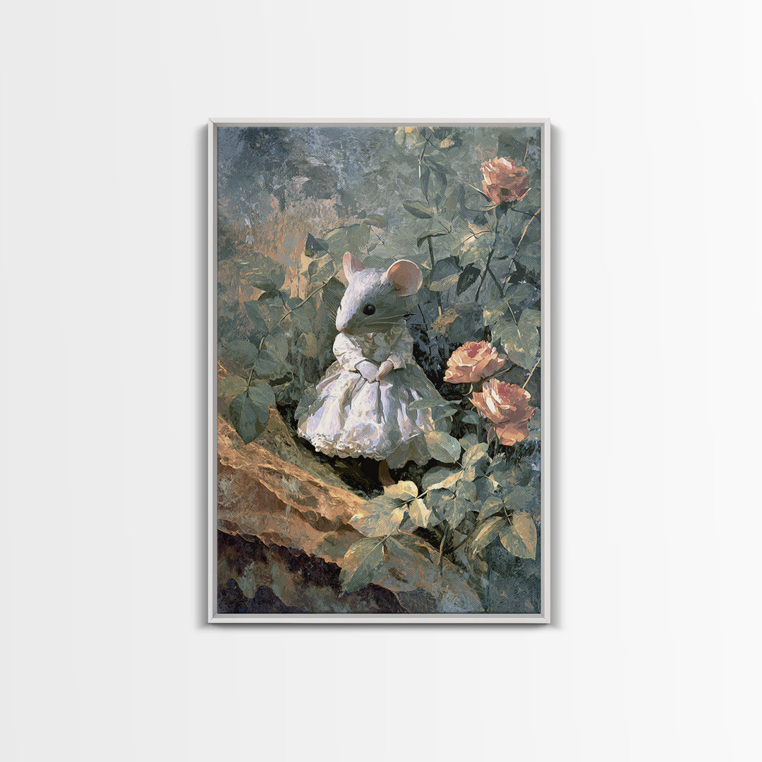 Mouse Ballerina in a Rose Garden Canvas Print, Whimsical Art, Cat Art, Living Room Decor, Watercolor Art, Wonder, WHI-2x3-91