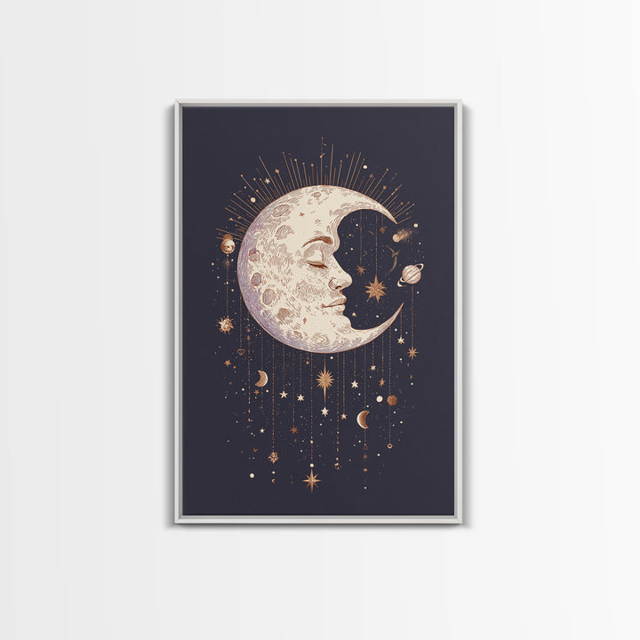 Moon with Sleeping Face and Dangling Stars Canvas Print, Whimsical Art, Living Room Decor, Fine Art, Wonder, Gallery Decor, WHI-2x3-96