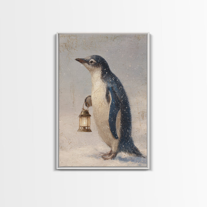 Penguin Holding a Lantern Framed Canvas Print, Whimsical Art, Abstract Wall Art, Living Room Decor, Fine Art, Wonder, WHI-2x3-97