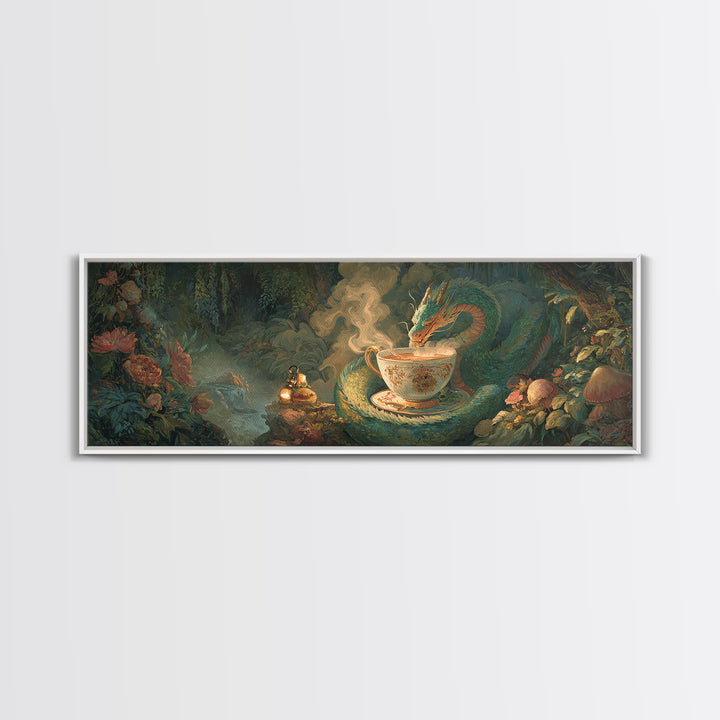 Dragon Curled Around a Teacup Canvas Print, Whimsical Art, Dark Academia Decor, Living Room Decor, Wonder, Modern Decor, WHI-3x1-16