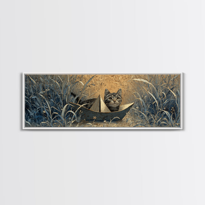 Cat Sailing a Paper Boat Framed Canvas Print, Whimsical Art, Digital Print, Living Room Decor, Fine Art, Wonder, Bird Art, WHI-3x1-18