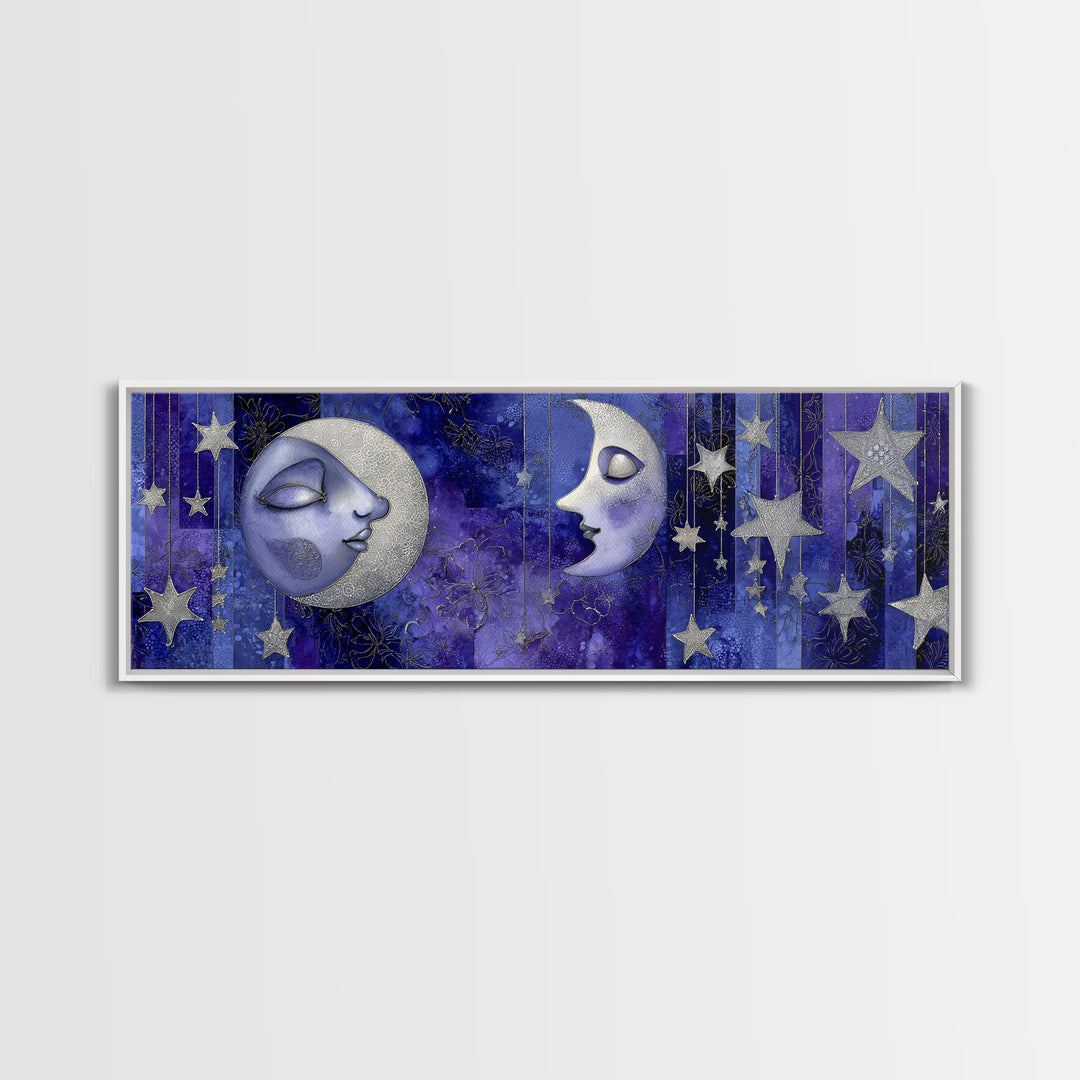 Moon with Sleeping Face and Dangling Stars Framed Canvas Print, Whimsical Art, Watercolor Art, Living Room Decor, Wonder, WHI-3x1-32