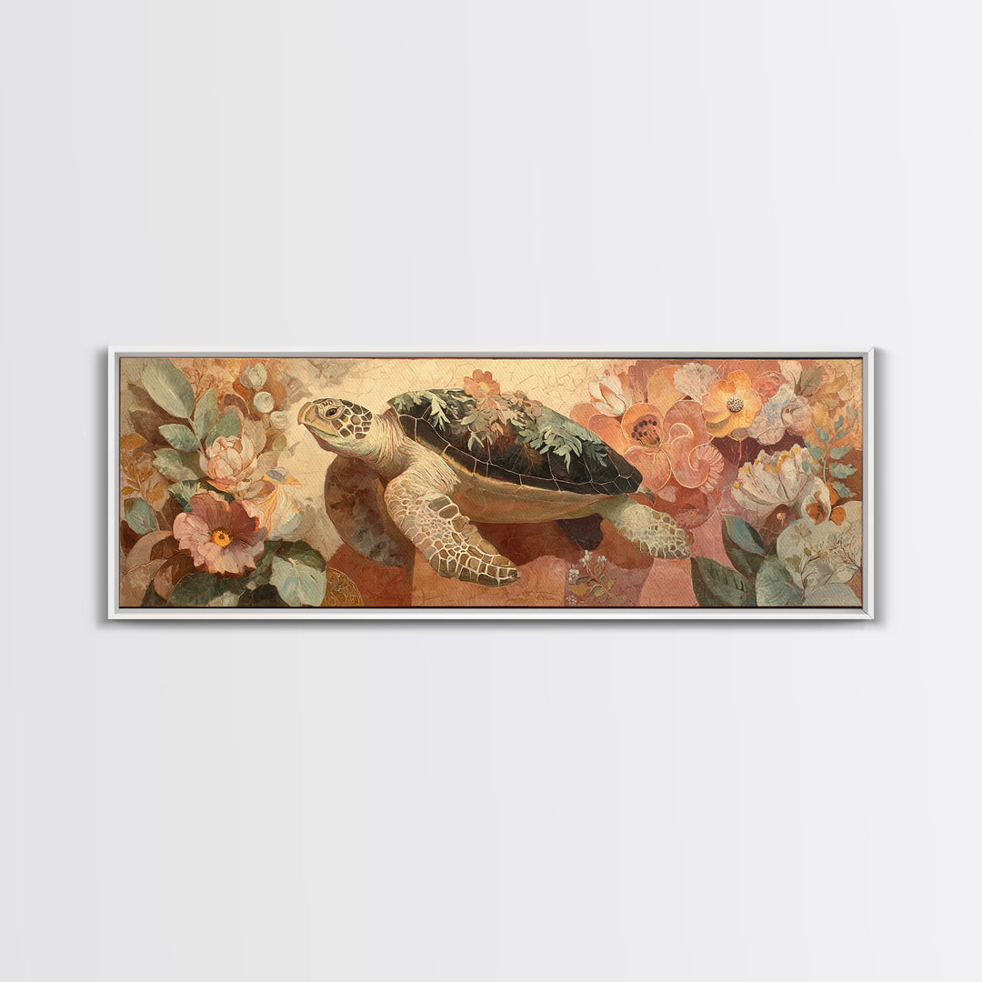 Turtle with Garden Growing on Shell Canvas Print, Whimsical Art, Framed Wall Art, Living Room Decor, Oil Painting, Wonder, WHI-3x1-38