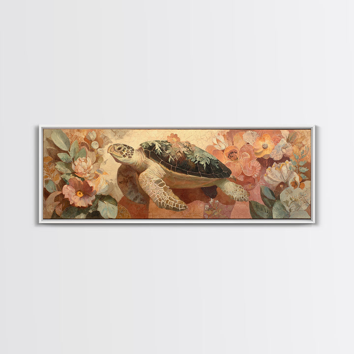 Turtle with Garden Growing on Shell Canvas Print, Whimsical Art, Framed Wall Art, Living Room Decor, Oil Painting, Wonder, WHI-3x1-38