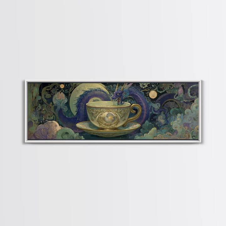 Dragon Curled Around a Teacup Canvas Print, Whimsical Art, Neutral Decor, Living Room Decor, Fine Art, Wonder, Home Decor, WHI-3x1-40