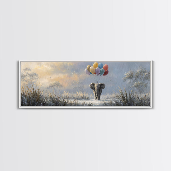 Elephant Holding Balloons Canvas Print, Whimsical Art, Pet Portrait, Living Room Decor, Fine Art, Wonder, Abstract Wall Art, WHI-3x1-43