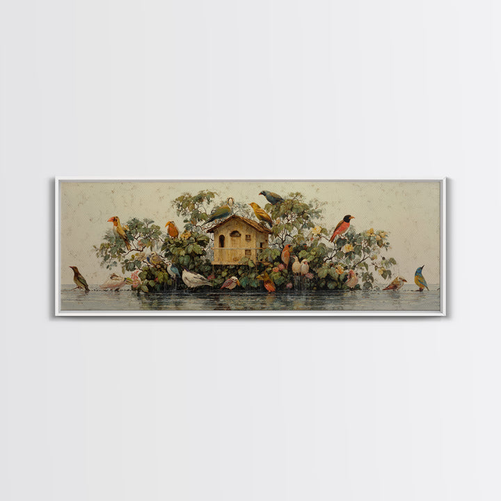 Floating House Carried by Colorful Birds Framed Canvas Print, Whimsical Art, Living Room Decor, Oil Painting, Wonder, WHI-3x1-47