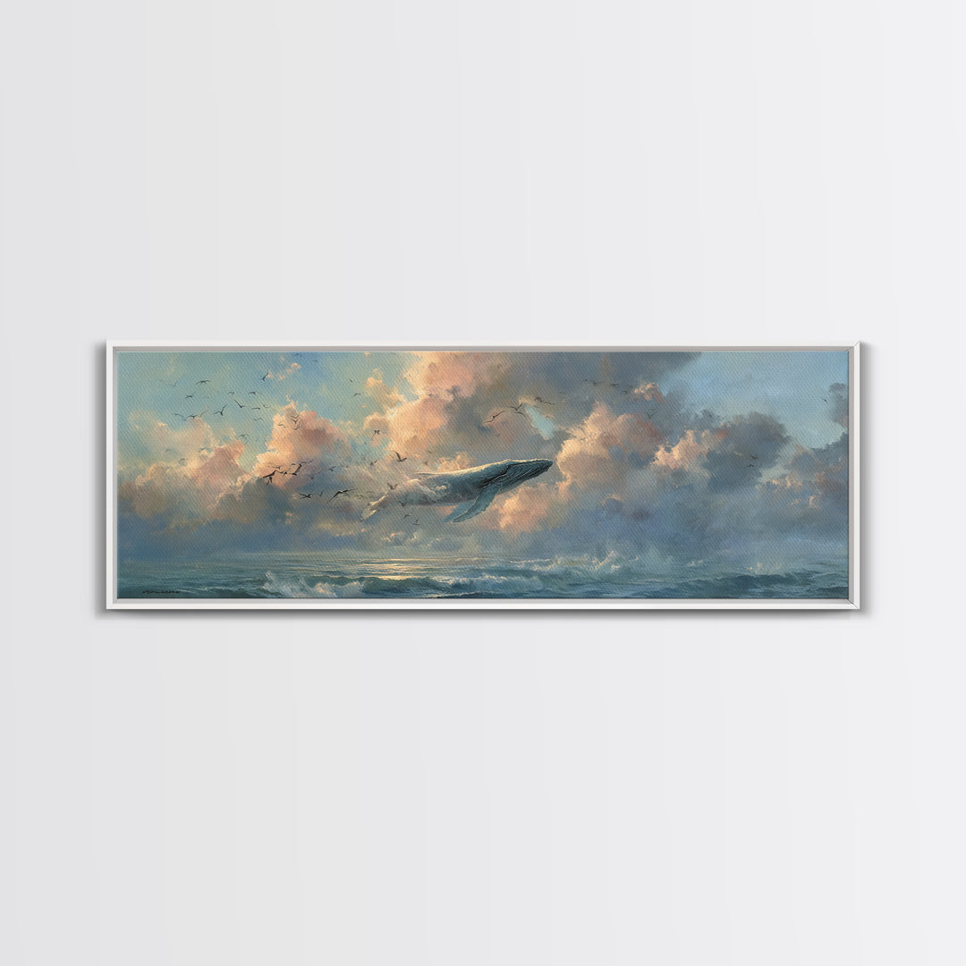 Whale Flying Through Clouds Like Ocean Framed Canvas Print, Whimsical Art, Printable Art, Living Room Decor, Watercolor Art, WHI-3x1-5
