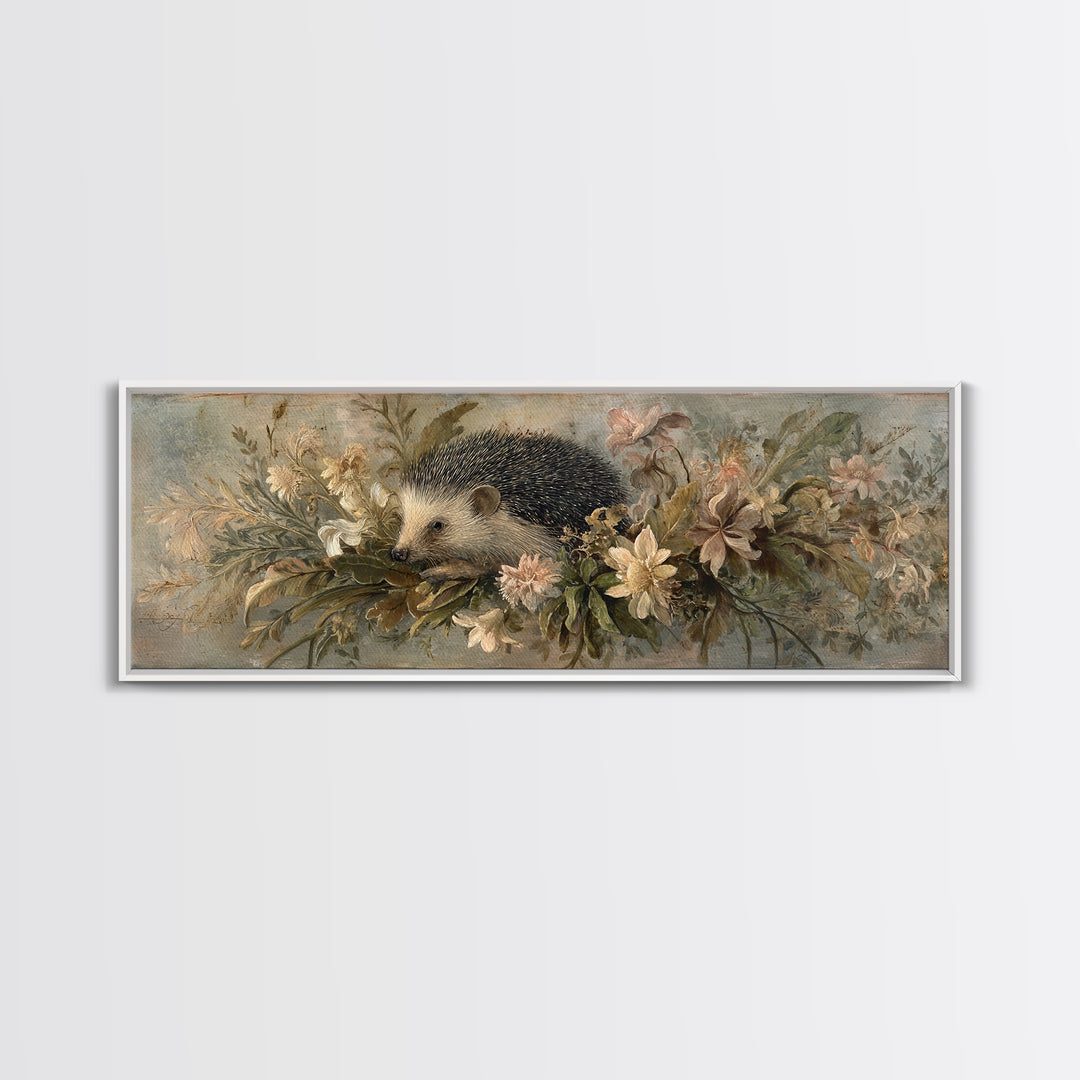 Hedgehog Carrying Wildflowers Framed Canvas Print, Whimsical Art, Prints, Living Room Decor, Oil Painting, Wonder, WHI-3x1-55