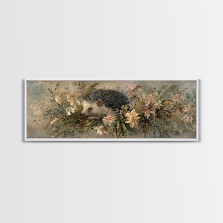 Hedgehog Carrying Wildflowers Framed Canvas Print, Whimsical Art, Prints, Living Room Decor, Oil Painting, Wonder, WHI-3x1-55