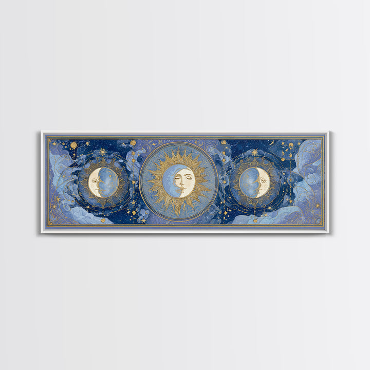 Moon with Sleeping Face and Dangling Stars Framed Canvas Print, Whimsical Art, Minimalist Decor, Living Room Decor, Wonder, WHI-3x1-56