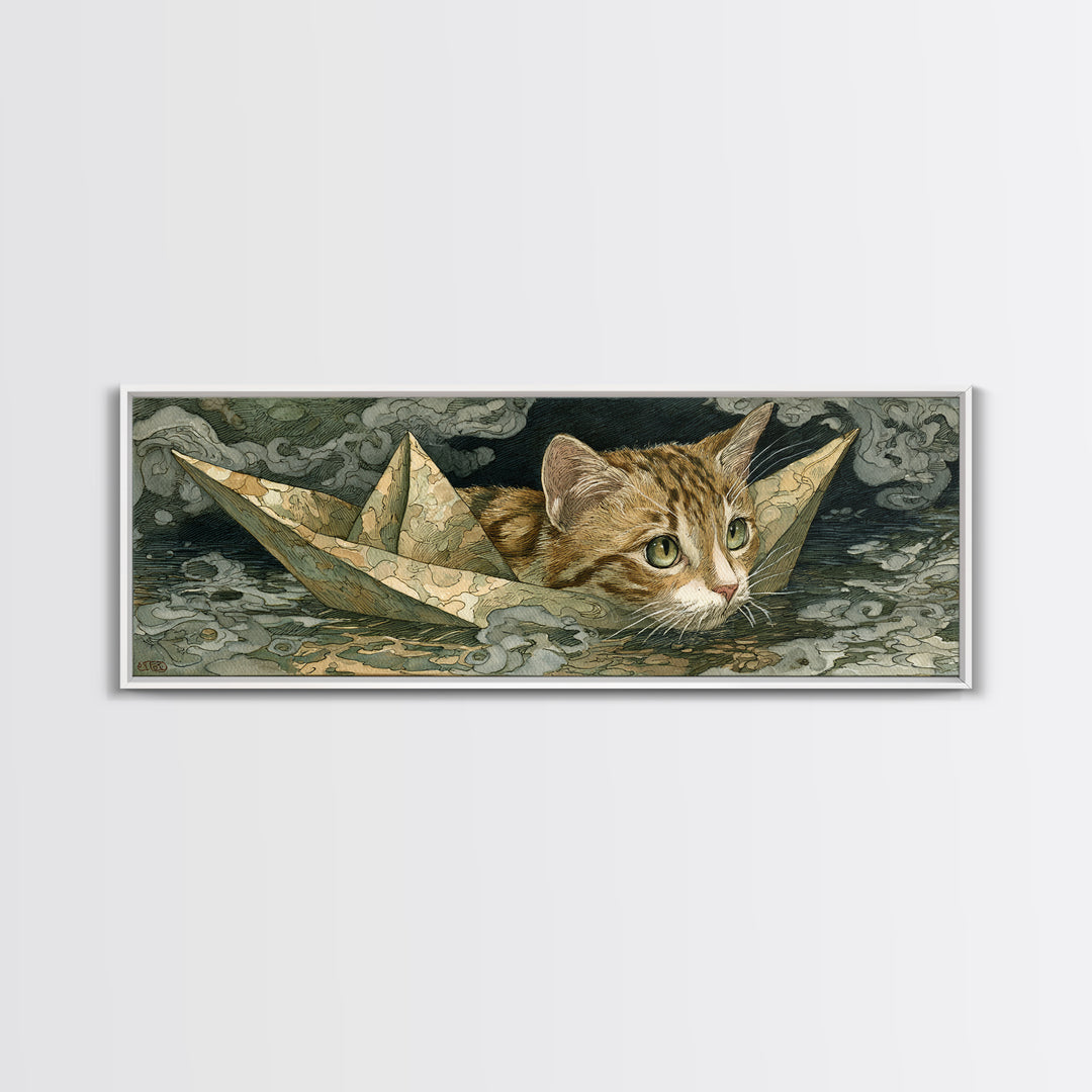 Cat Sailing a Paper Boat Canvas Print, Whimsical Art, Abstract Wall Art, Living Room Decor, Fine Art, Wonder, Neutral Decor, WHI-3x1-66