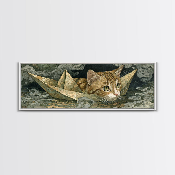 Cat Sailing a Paper Boat Canvas Print, Whimsical Art, Abstract Wall Art, Living Room Decor, Fine Art, Wonder, Neutral Decor, WHI-3x1-66