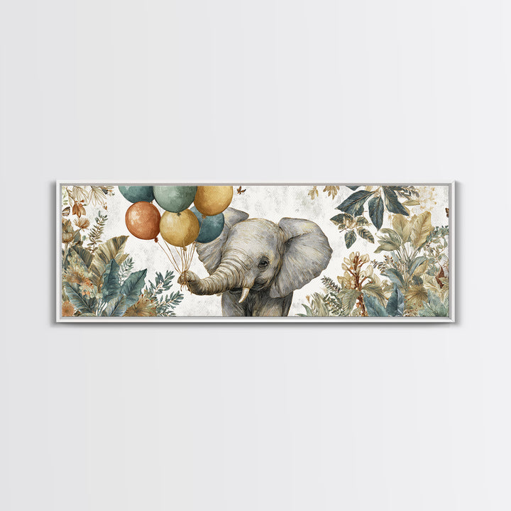 Elephant Holding Balloons Framed Canvas Print, Whimsical Art, Art Nouveau, Living Room Decor, Abstract Art, Wonder, WHI-3x1-67