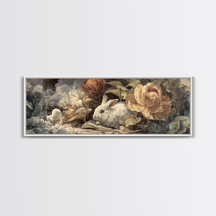 Rabbit Reading Beneath a Giant Flower Framed Canvas Print, Whimsical Art, Gallery Decor, Living Room Decor, Fine Art, Wonder, WHI-3x1-69