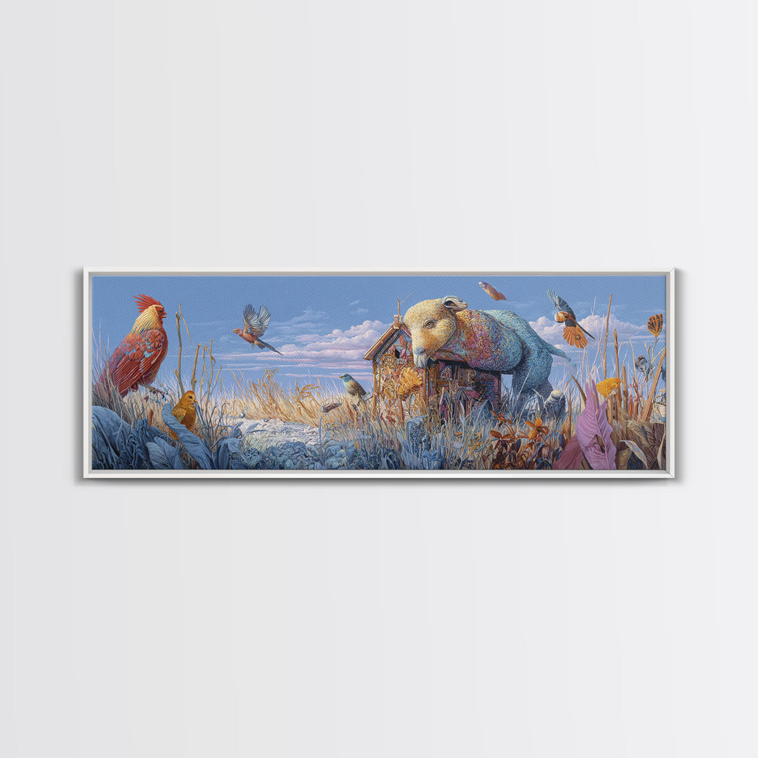 Floating House Carried by Colorful Birds Canvas Print, Whimsical Art, Framed Wall Art, Living Room Decor, Fine Art, Wonder, WHI-3x1-71