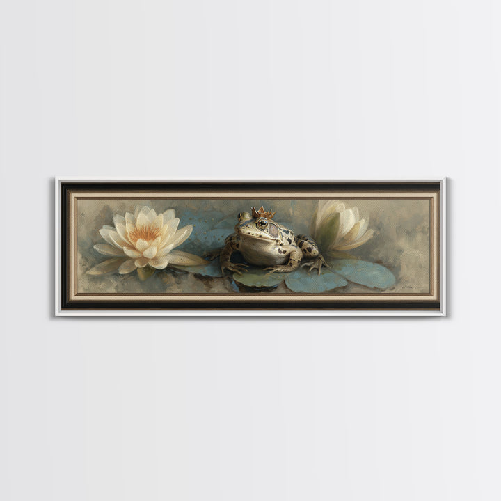 Frog Prince on a Lily Pad Framed Canvas Print, Whimsical Art, Wall Decor, Living Room Decor, Fine Art, Wonder, Printable Art, WHI-3x1-72