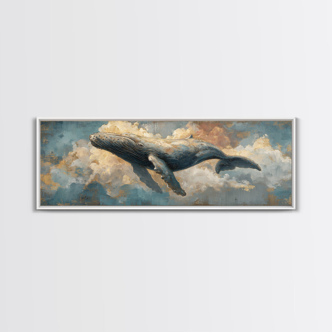Whale Flying Through Clouds Like Ocean Framed Canvas Print, Whimsical Art, Nursery Art, Living Room Decor, Oil Painting, Wonder, WHI-3x1-77