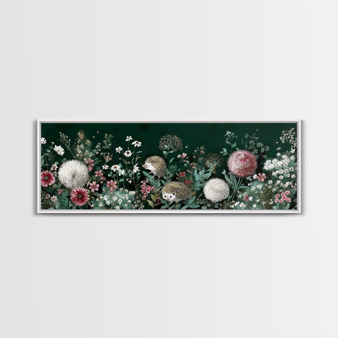 Hedgehog Carrying Wildflowers Framed Canvas Print, Whimsical Art, Whimsical, Living Room Decor, Watercolor Art, Wonder, WHI-3x1-79