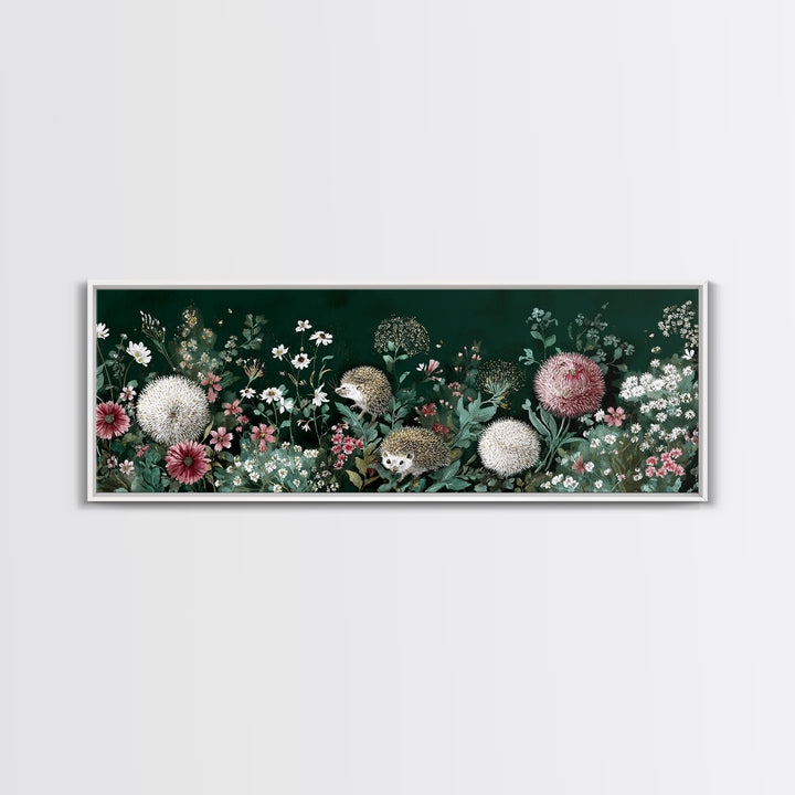 Hedgehog Carrying Wildflowers Framed Canvas Print, Whimsical Art, Whimsical, Living Room Decor, Watercolor Art, Wonder, WHI-3x1-79