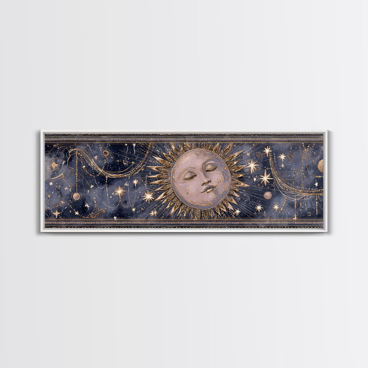 Moon with Sleeping Face and Dangling Stars Canvas Print, Whimsical Art, Nursery Wall Decor, Living Room Decor, Oil Painting, WHI-3x1-8