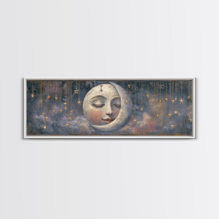 Moon with Sleeping Face and Dangling Stars Canvas Print, Whimsical Art, Art Print, Living Room Decor, Fine Art, Wonder, WHI-3x1-80