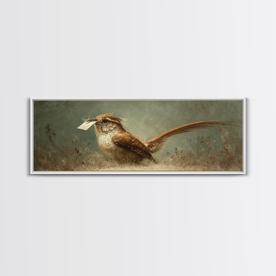Bird Delivering a Tiny Love Letter Framed Canvas Print, Whimsical Art, Nursery Wall Art, Living Room Decor, Fine Art, Wonder, WHI-3x1-87