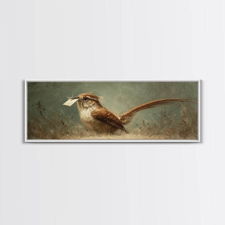 Bird Delivering a Tiny Love Letter Framed Canvas Print, Whimsical Art, Nursery Wall Art, Living Room Decor, Fine Art, Wonder, WHI-3x1-87