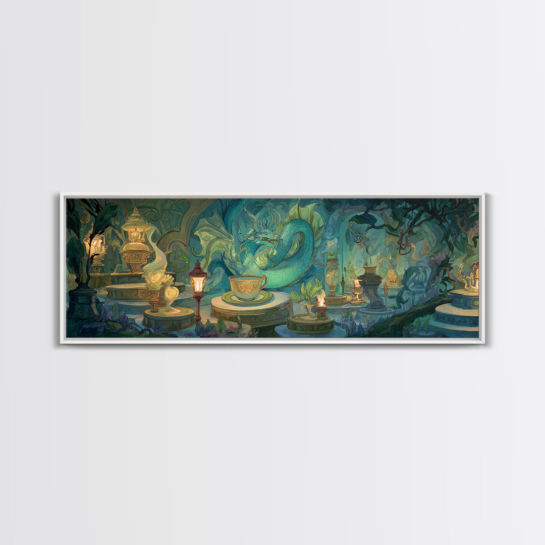 Dragon Curled Around a Teacup Canvas Print, Whimsical Art, Wall Art, Living Room Decor, Oil Painting, Wonder, Framed Wall Art, WHI-3x1-88