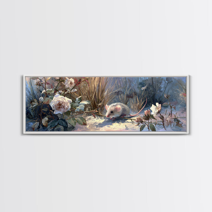 Mouse Ballerina in a Rose Garden Framed Canvas Print, Whimsical Art, Oil Painting, Living Room Decor, Wonder, WHI-3x1-99