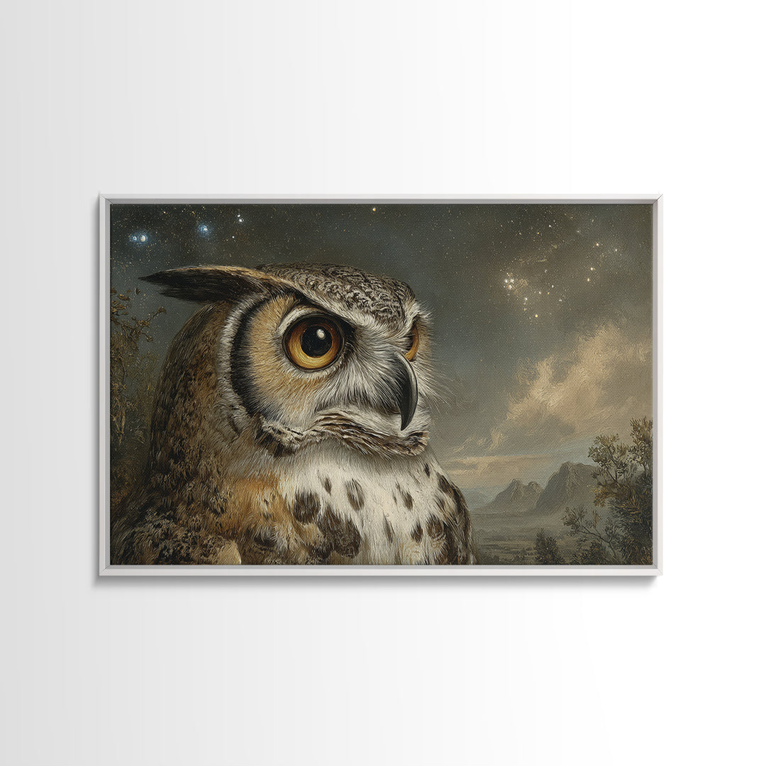 Owl Wearing Spectacles Among Stars Framed Canvas Print, Whimsical Art, Nursery, Living Room Decor, Wonder, Watercolor Art, WHI-3x2-10