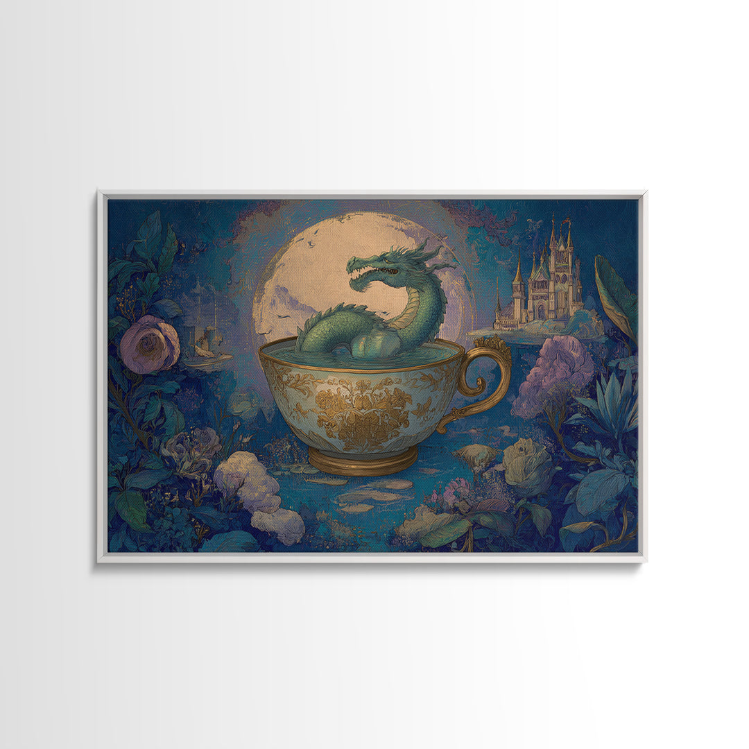 Dragon Curled Around a Teacup Framed Canvas Print, Whimsical Art, Wall Art, Living Room Decor, Oil Painting, Wonder, WHI-3x2-100