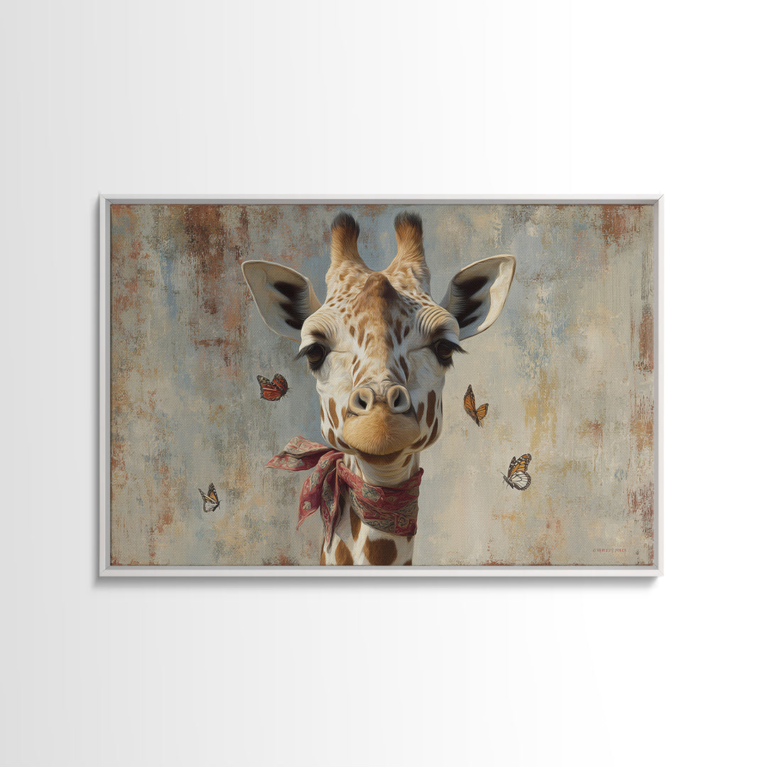 Giraffe with Scarf and Butterflies Framed Canvas Print, Whimsical Art, Framed Wall Art, Living Room Decor, Fine Art, Wonder, WHI-3x2-14