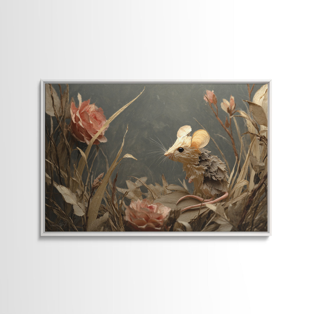 Mouse Ballerina in a Rose Garden Framed Canvas Print, Whimsical Art, Abstract Wall Art, Living Room Decor, Watercolor Art, WHI-3x2-15