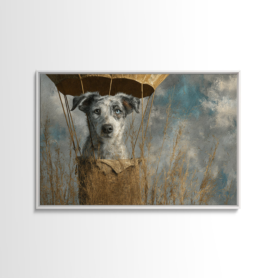 Dog in a Hot Air Balloon Framed Canvas Print, Whimsical Art, Digital Print, Living Room Decor, Fine Art, Wonder, Bird Art, WHI-3x2-18