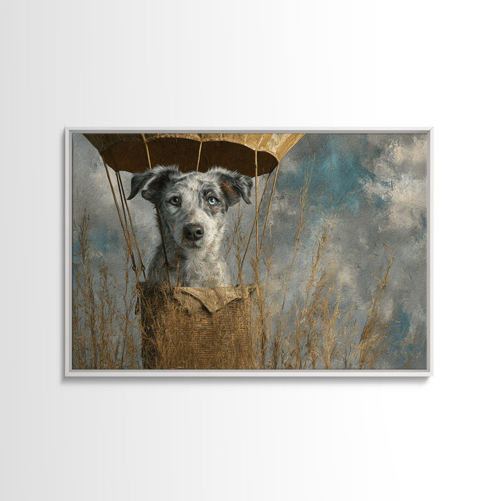 Dog in a Hot Air Balloon Framed Canvas Print, Whimsical Art, Digital Print, Living Room Decor, Fine Art, Wonder, Bird Art, WHI-3x2-18