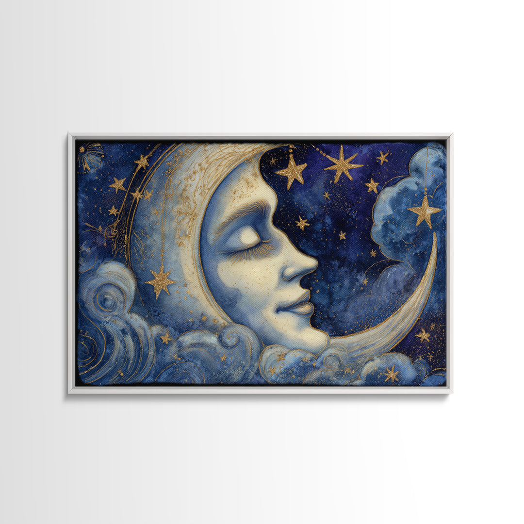 Moon with Sleeping Face and Dangling Stars Canvas Print, Whimsical Art, Nursery Wall Decor, Living Room Decor, Wonder, WHI-3x2-20