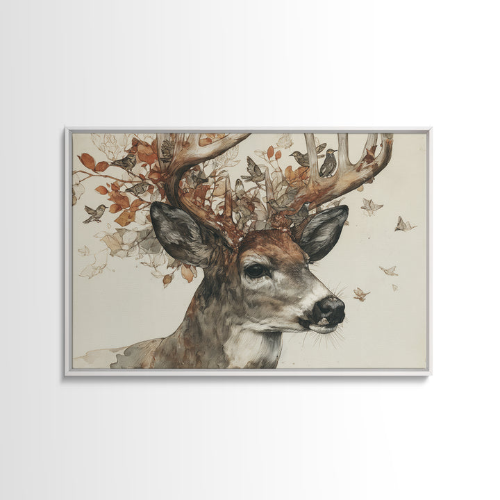 Deer with Antlers Full of Birds Framed Canvas Print, Whimsical Art, Nursery Art, Living Room Decor, Fine Art, Wonder, WHI-3x2-23