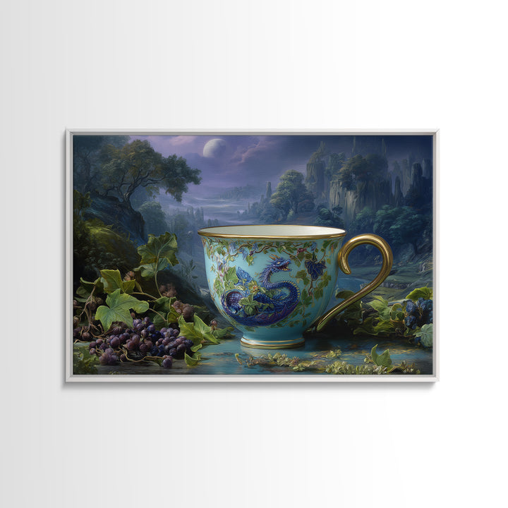 Dragon Curled Around a Teacup Framed Canvas Print, Whimsical Art, Dark Academia Decor, Living Room Decor, Fine Art, Wonder, WHI-3x2-28