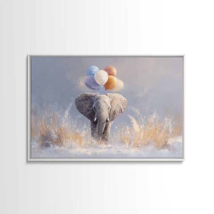 Elephant Holding Balloons Framed Canvas Print, Whimsical Art, Statement Artwork, Living Room Decor, Fine Art, Wonder, WHI-3x2-31
