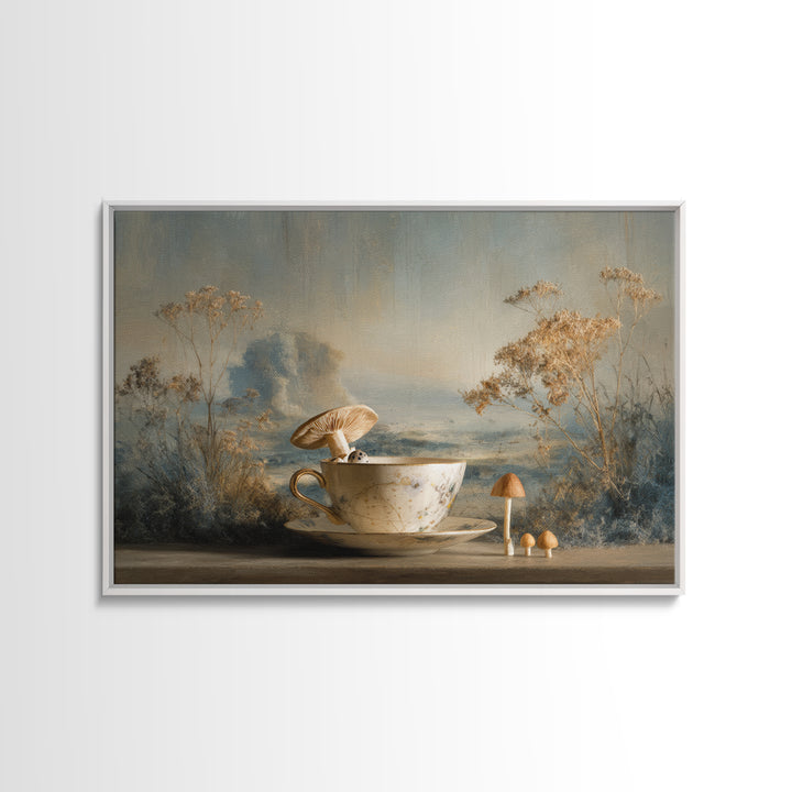 Teacup Garden with Tiny Mushrooms Canvas Print, Whimsical Art, Nursery Art, Living Room Decor, Oil Painting, Wonder, WHI-3x2-32