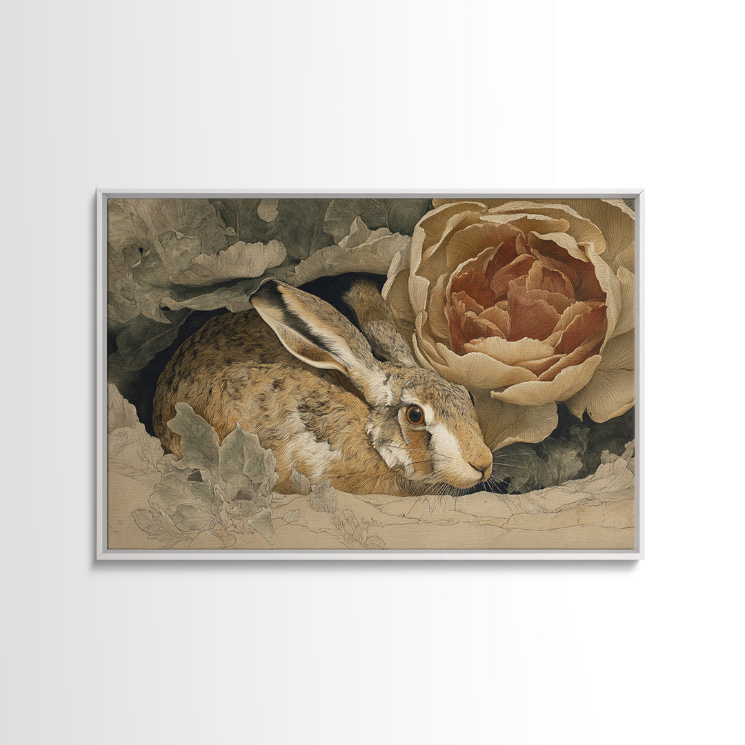 Rabbit Reading Beneath a Giant Flower Canvas Print, Whimsical Art, Cat Art, Living Room Decor, Watercolor Art, Wonder, WHI-3x2-33