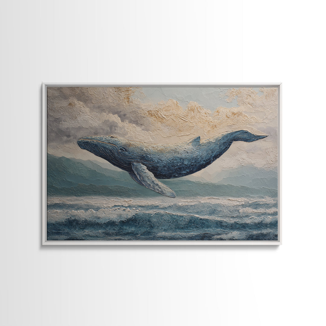 Whale Flying Through Clouds Like Ocean Framed Canvas Print, Whimsical Art, Watercolor Art, Living Room Decor, Wonder, WHI-3x2-41