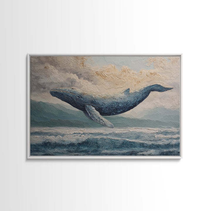 Whale Flying Through Clouds Like Ocean Framed Canvas Print, Whimsical Art, Watercolor Art, Living Room Decor, Wonder, WHI-3x2-41