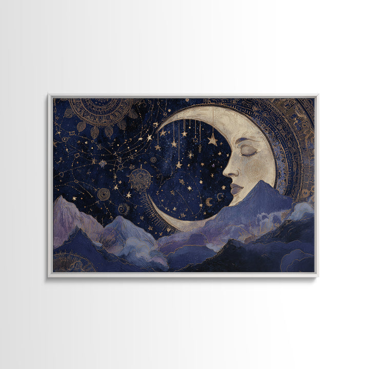 Moon with Sleeping Face and Dangling Stars Canvas Print, Whimsical Art, Watercolor Art, Living Room Decor, Fine Art, Wonder, WHI-3x2-44