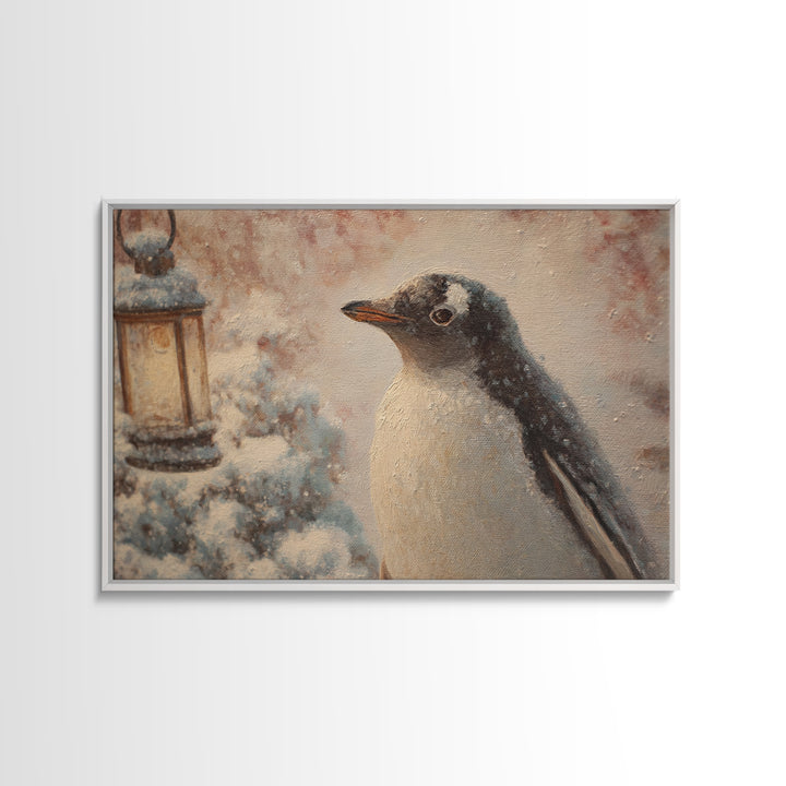 Penguin Holding a Lantern Framed Canvas Print, Whimsical Art, Gallery Decor, Living Room Decor, Fine Art, Wonder, Wall Art, WHI-3x2-45