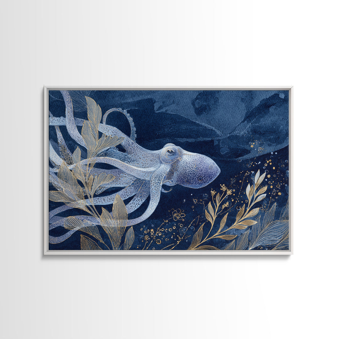 Octopus Conductor with Tiny Instruments Framed Canvas Print, Whimsical Art, Dark Academia Decor, Living Room Decor, Wonder, WHI-3x2-46